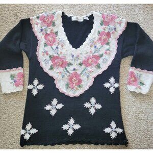 Vintage Maggie Lawrence Sweater Size Small Embroidered 80s Granny Core Floral